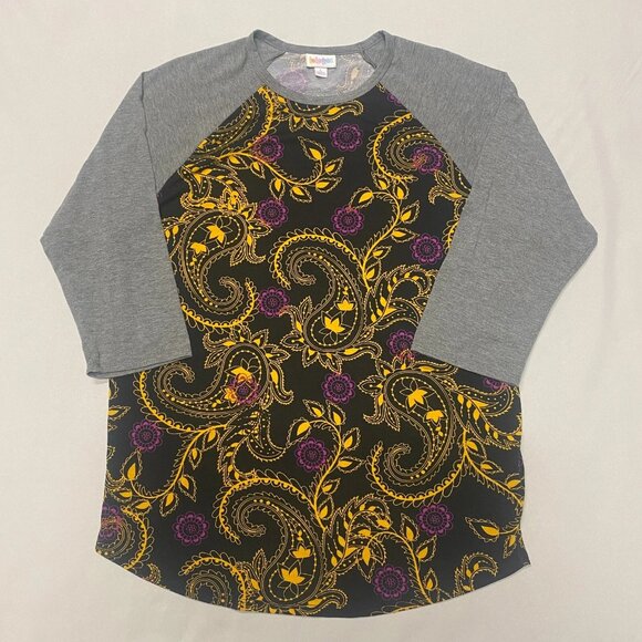 Lularoe Randy Long Sleeve Women's Large Gray Black Paisley Stretch Raglan Sleeve - Picture 1 of 7